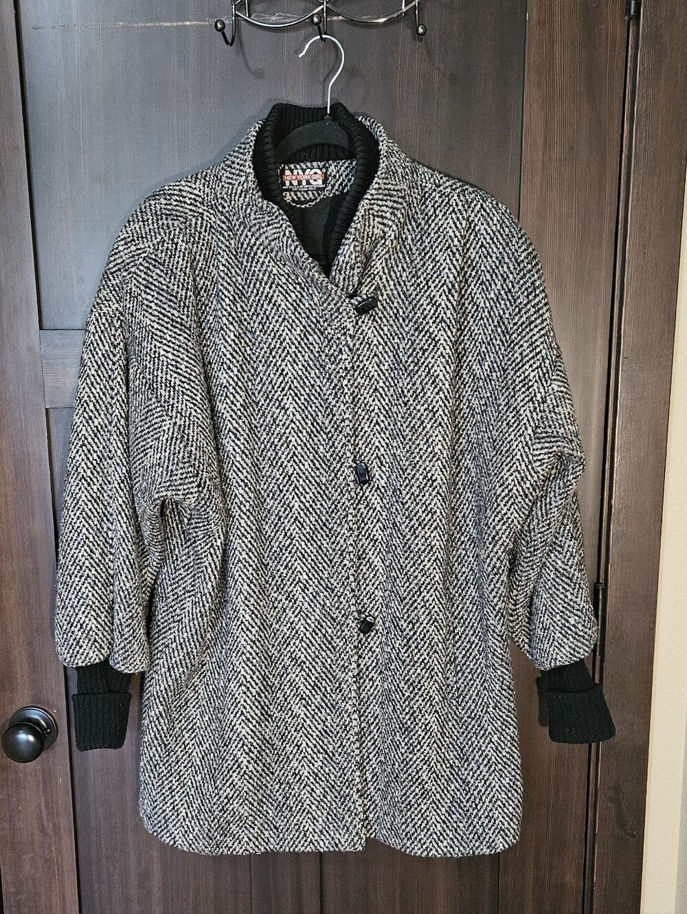 EUC Vintage 80s Wool Tweed Black & White Herringbone Toggle Coat Size 14